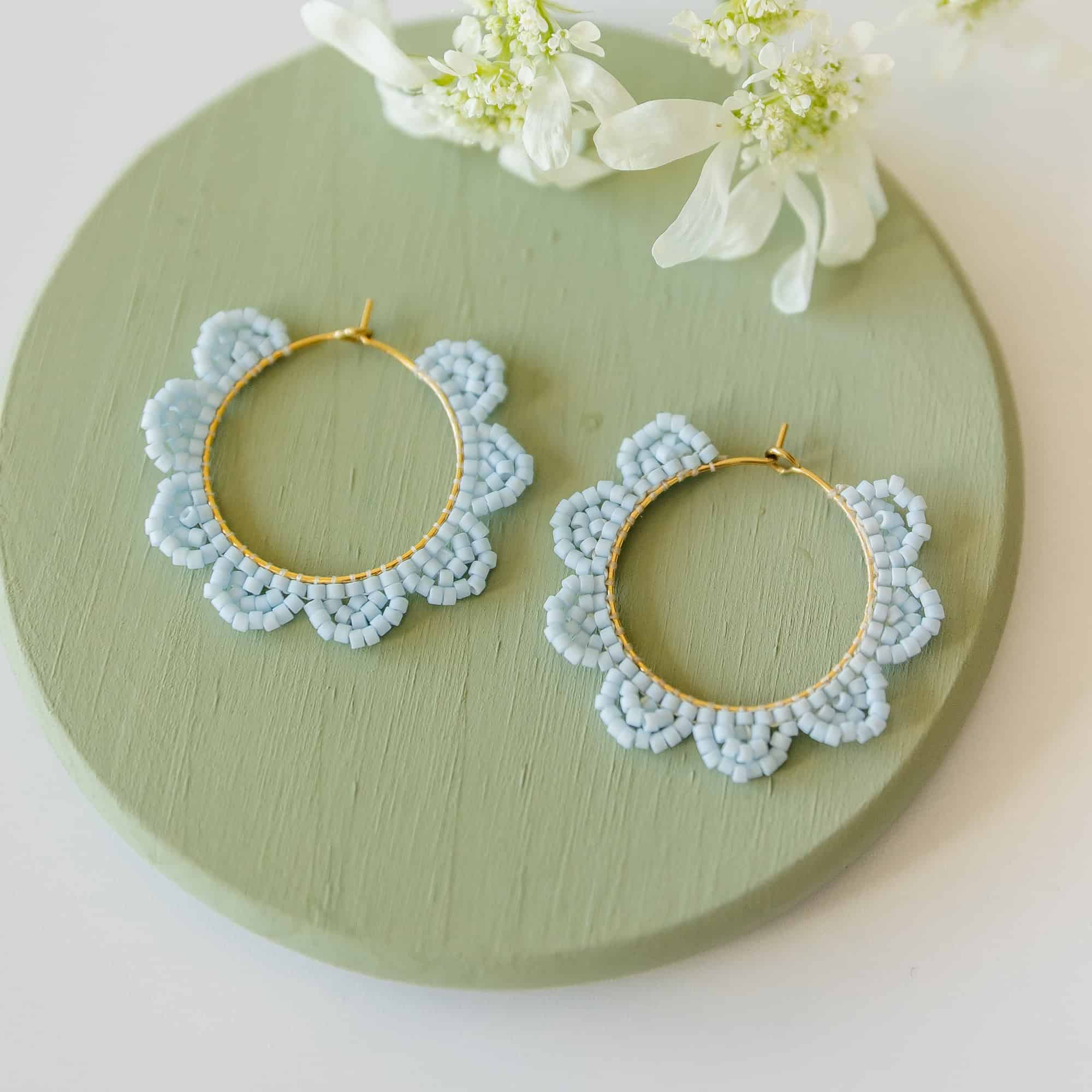 Sky Blue Daisy Beaded Hoop Earrings
