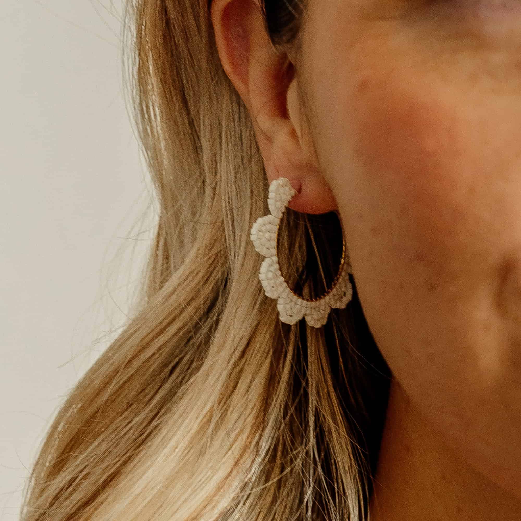 Cream Daisy Beaded Hoop Earrings