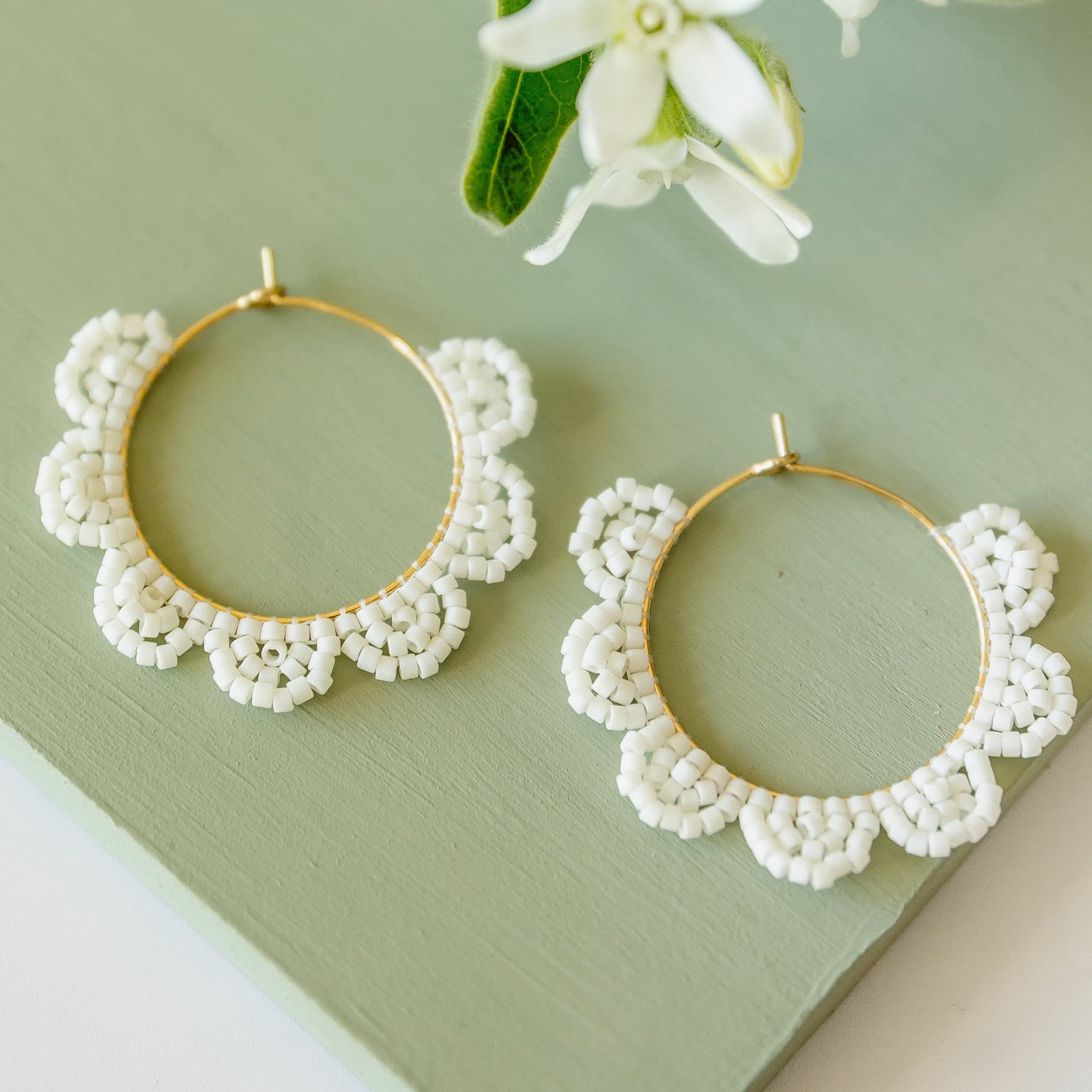 Cream Daisy Beaded Hoop Earrings