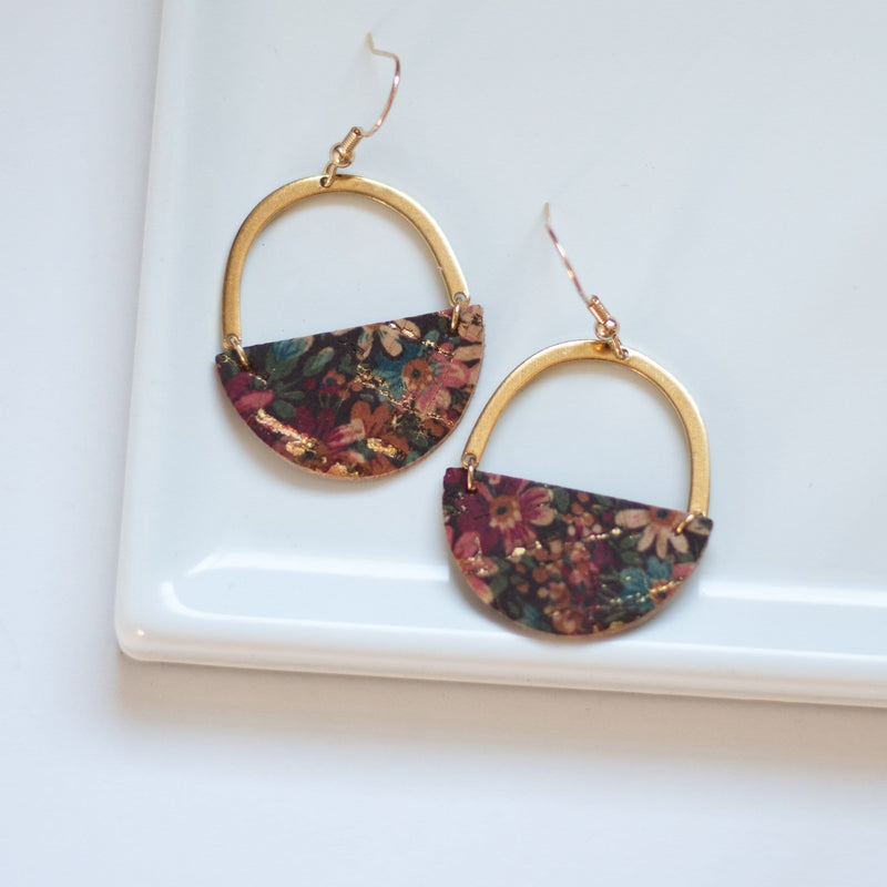 fall flower print gold leather earrings hoop statement earrings sela